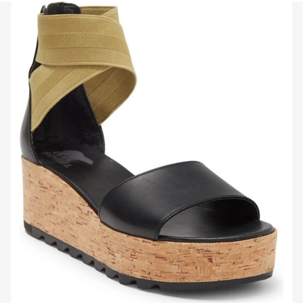 Sorel Cameron Flatform Ankle Strap Wedge Sandals Leather Black Olive Size 8